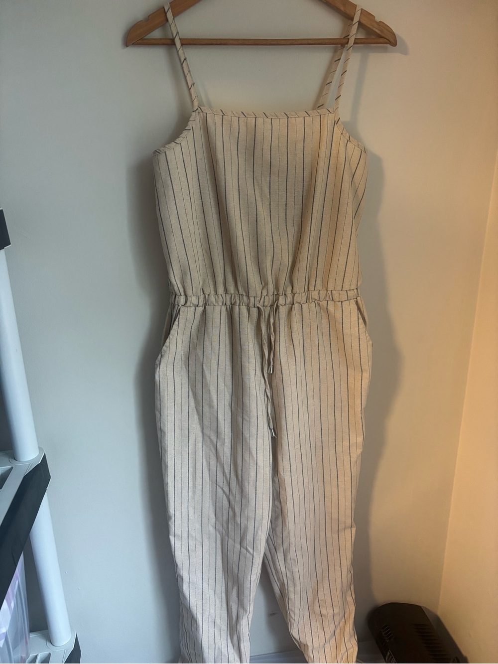 Striped Cotton Blend Cream Straight-Leg Jumpsuit Large - Picture 2 of 7